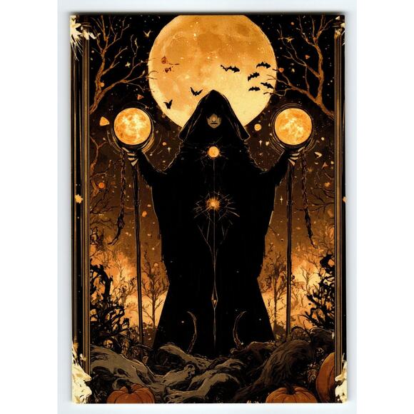 Vintage Halloween Witch with Moonlit Staffs Photochrome Postcard 5.5x4" - Picture 1 of 2